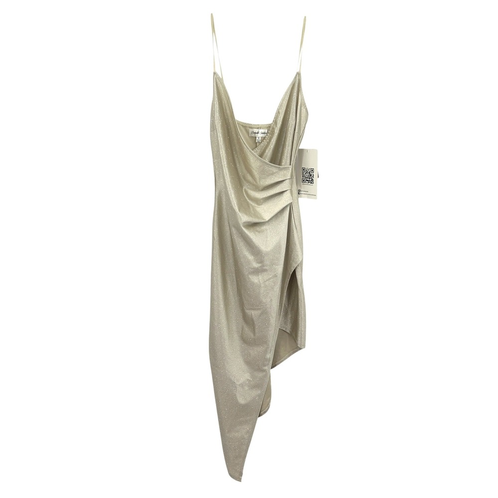 Champagne Shimmer Asymmetrical Draped Slip Dress S‎ Spaghetti Strap Party NWT